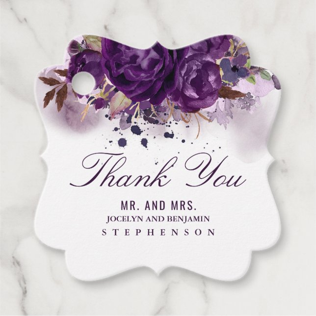 Eggplant Blommigt Elegant bröllop Tack Gåvor Etiketter (Framsida)