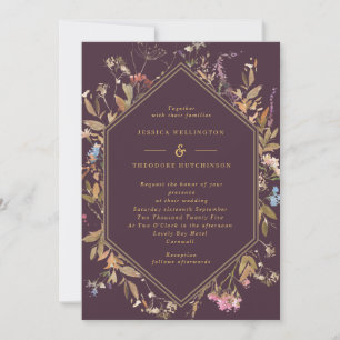 Eggplant Boho Wildblommor Guld Geo Ram Bröllop Inbjudningar