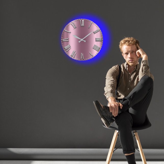 Eggplant  Grått Lila Silver Roman Nummer Stor Klocka (Eggplant Blush Gray Purple Silver Roman Numbers Large Clock)