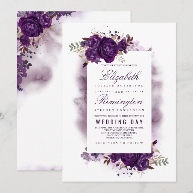 Eggplant Lila Blommigt Elegant Watercolor Bröllop Inbjudningar (Fram/baksida)