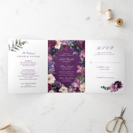 Eggplant Lila Blommigt Tri-Fold Wedding-inbjudan