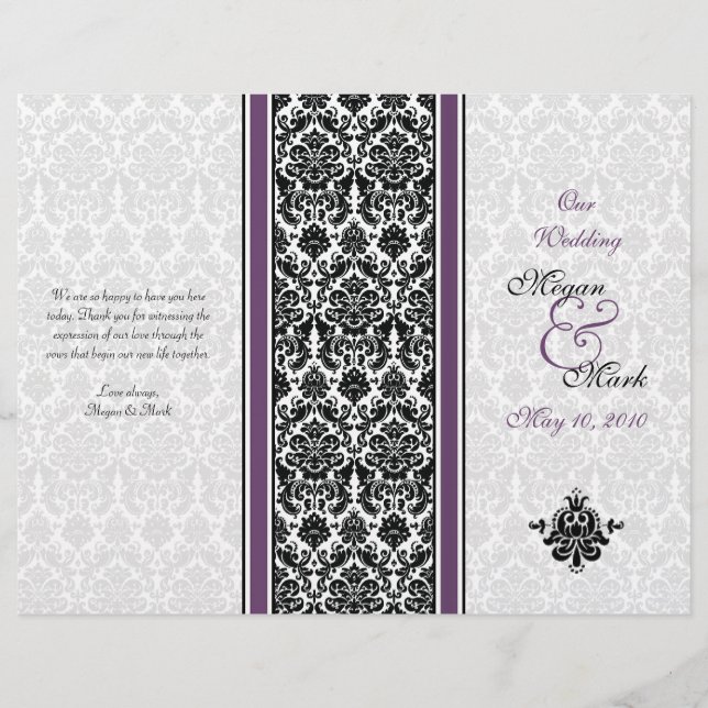 Eggplant Lila Damask Wedding Programme (Framsida)
