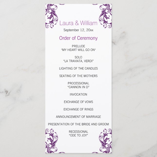Eggplant Lila Damask Wedding Programme Program (Framsida)
