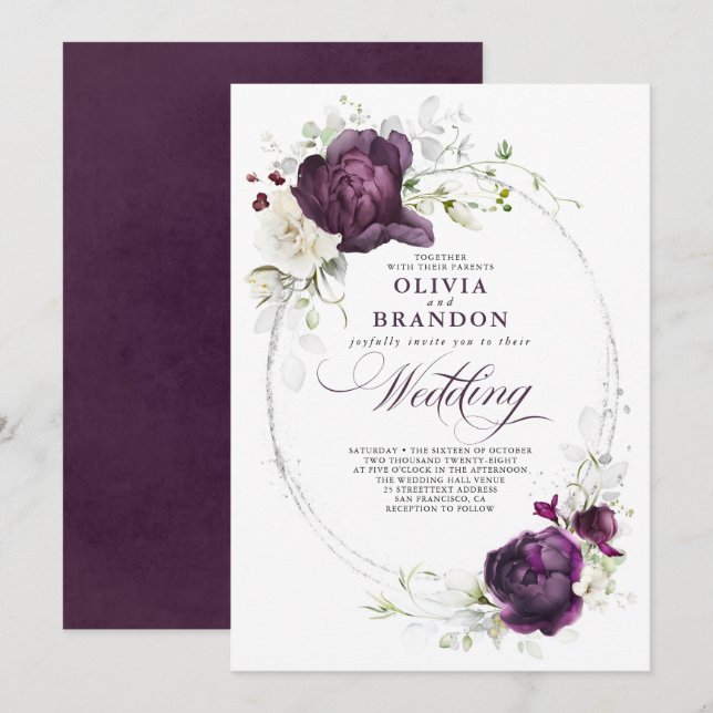 Eggplant Lila och White Blommigt Boho Bröllop Inbjudningar (Fram/baksida)