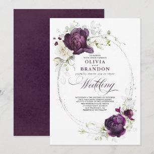 Eggplant Lila och White Blommigt Boho Bröllop Inbjudningar