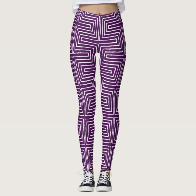 Eggplant Lila och White Maze African Lera Trasa Leggings (Framsida)