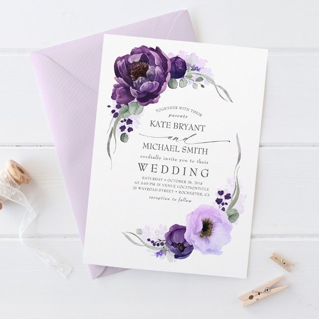Eggplant Lila Peony och Greenery Silver Bröllop Inbjudningar (Plum Purple Floral Wedding Invitations)