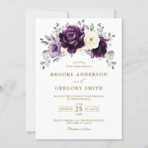 Eggplant Lila Plum Ivory Guld Blommigt Bröllop Inbjudningar
