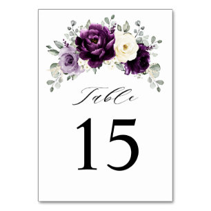 Eggplant Lila Plum Ivory White Blommigt Bröllop Bordsnummer