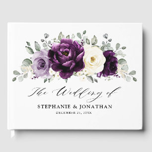 Eggplant Lila Plum Ivory White Blommigt Bröllop Gästböcker