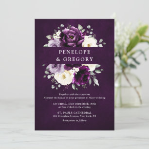 Eggplant Lila Plum Ivory White Blommigt Bröllop i Inbjudningar