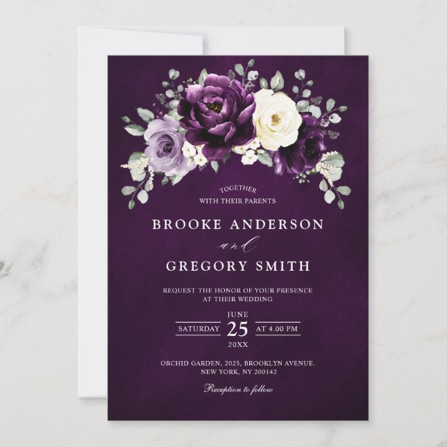 Eggplant Lila Plum Ivory White Blommigt Bröllop i Inbjudningar (Framsida)