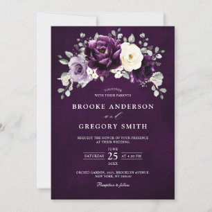 Eggplant Lila Plum Ivory White Blommigt Bröllop i Inbjudningar