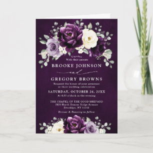 Eggplant Lila Plum Ivory White Blommigt Bröllop Inbjudan