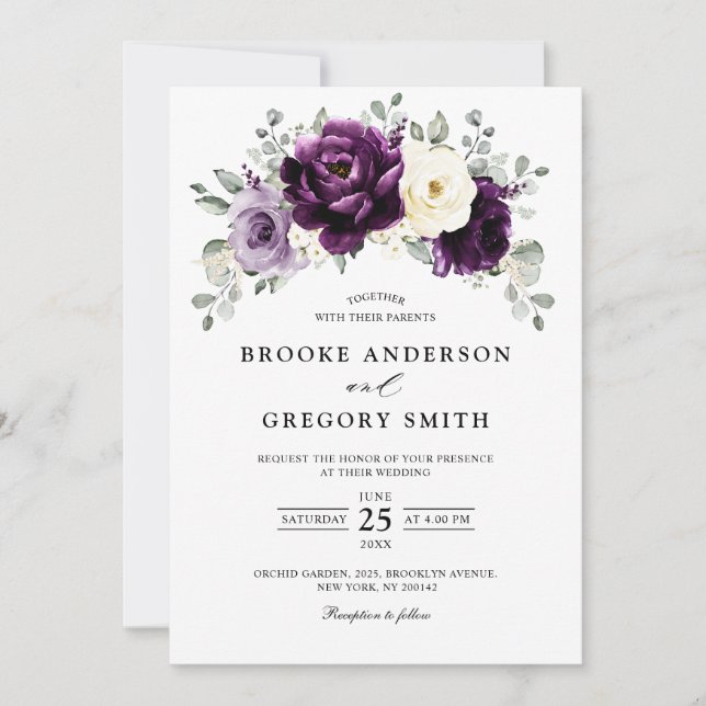Eggplant Lila Plum Ivory White Blommigt Bröllop Inbjudningar (Framsida)