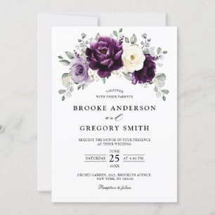 Eggplant Lila Plum Ivory White Blommigt Bröllop Inbjudningar