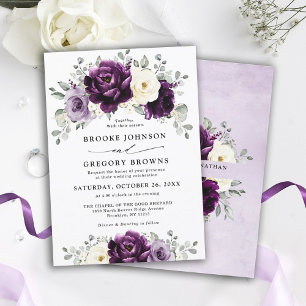 Eggplant Lila Plum Ivory White Blommigt Bröllop Inbjudningar