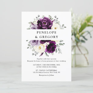 Eggplant Lila Plum Ivory White Blommigt Bröllop Inbjudningar