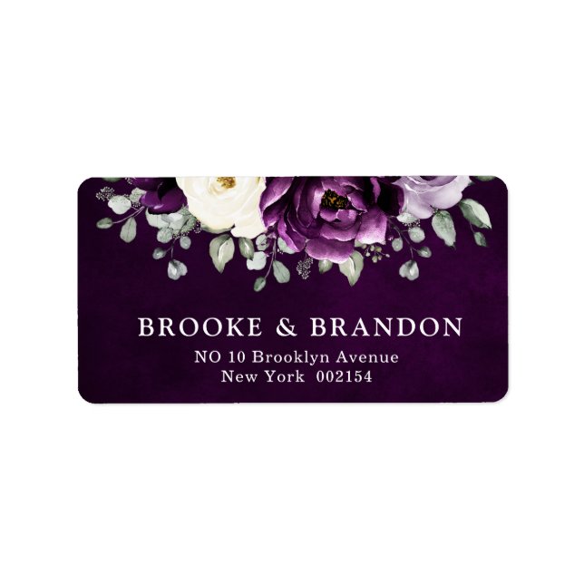 Eggplant Lila Plum Ivory White Blommigt Bröllop La Adressetikett (Framsidan)