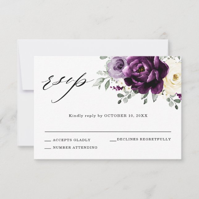 Eggplant Lila Plum Ivory White Blommigt Bröllop OSA Kort (Framsida)