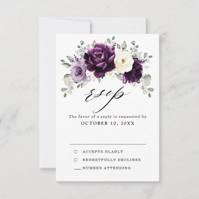 Eggplant Lila Plum Ivory White Blommigt Bröllop OSA Kort (Framsida)