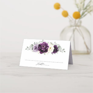 Eggplant Lila Plum Ivory White Blommigt Bröllop Placeringskort