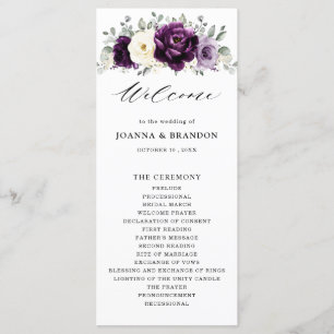 Eggplant Lila Plum Ivory White Blommigt Bröllop Program