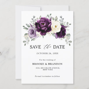Eggplant Lila Plum Ivory White Blommigt Bröllop Spara Datumet