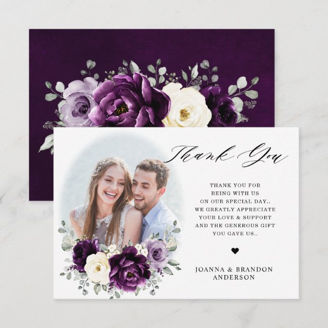 Eggplant Lila Plum Ivory White Blommigt Bröllop Tack Kort (Fram/baksida)
