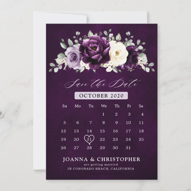 Eggplant Lila Plum Ivory White Blommigt Calendar S Spara Datumet (Framsida)