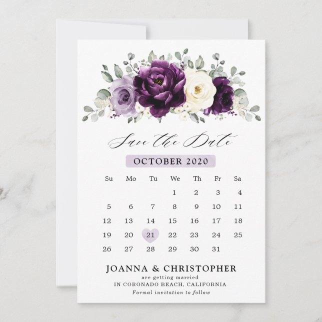 Eggplant Lila Plum Ivory White Blommigt Calendar Spara Datumet (Framsida)