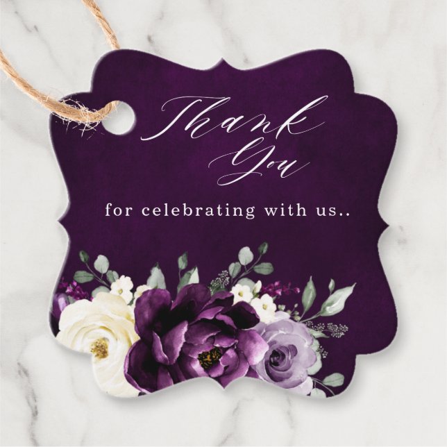 Eggplant Lila Plum Ivory White Bröllop Tack Gåvor Etiketter (Framsida)
