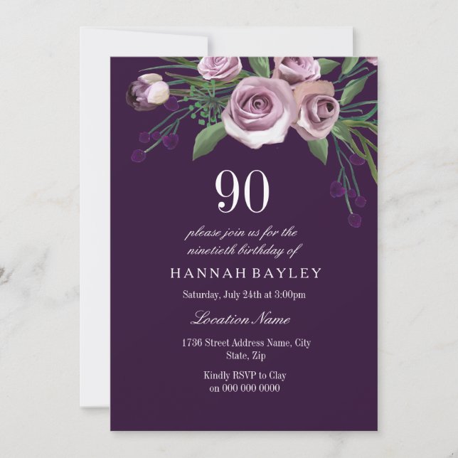 Eggplant Lila Plum Ro Womans 90:e födelsedag Inbjudningar (Framsida)