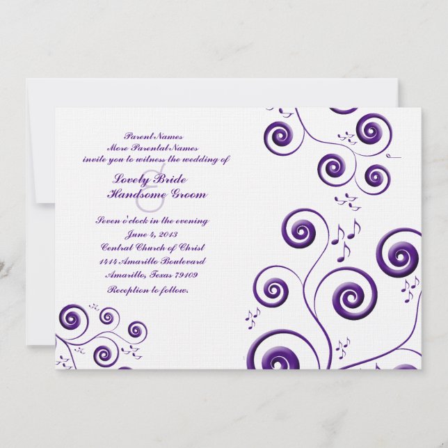 Eggplant Lila Swirls Music Wedding bjudande Inbjudningar (Framsida)