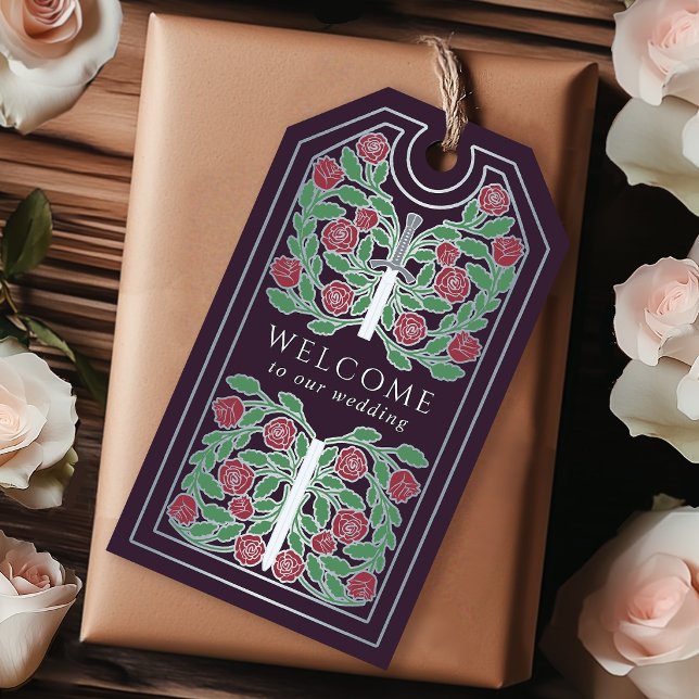 Eggplant Medieval Silver Sword Wedding Welcome Presentetikett (Skapare uppladdad)