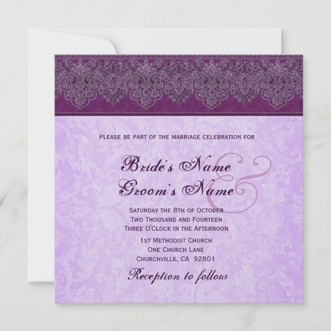 Eggplant och Lilac Lila Damask Ribbon Bröllop Inbjudningar (Framsida)