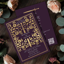 Eggplant Royal Medieval Gold Sword Wedding QR Code Inbjudningar