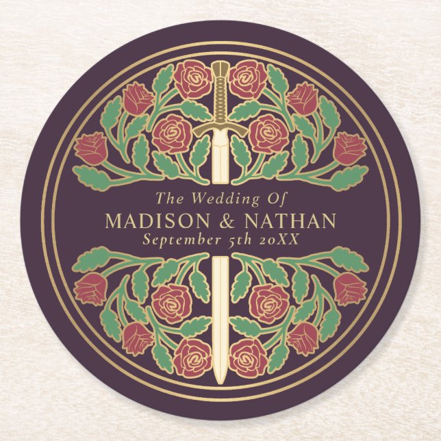 Eggplant Royal Medieval Gold Sword Wedding Underlägg Papper Rund (Framsidan)