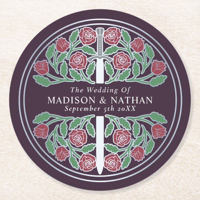 Eggplant Royal Medieval Silver Sword Wedding Underlägg Papper Rund (Framsidan)