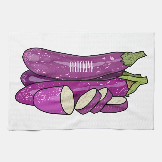 Eggplant-tecknad illustration kökshandduk (Horisontell)