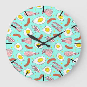 Eggs Bacon Sausages Kitchen Breakfast Food Mönster Stor Klocka