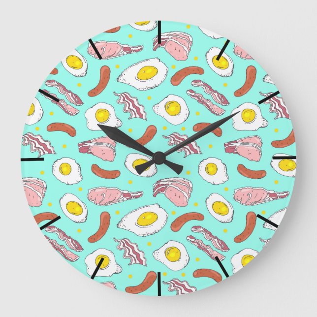 Eggs Bacon Sausages Kitchen Breakfast Food Mönster Stor Klocka (Framsida)