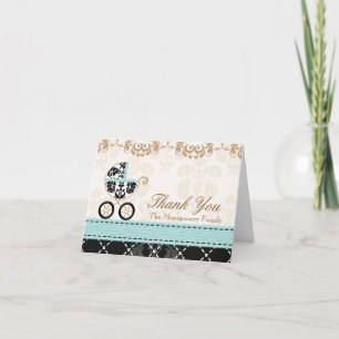 Eggshell Blue Damas Baby Carriage Shower Tack Kort