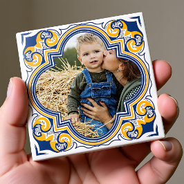 Egna bild, blå, gult och vita Azulejos Kakelplatta