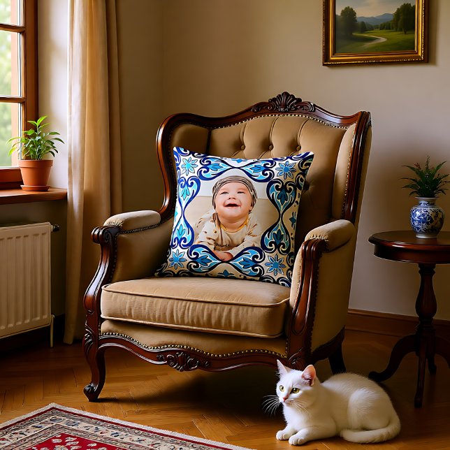 Egna bild, blå och vita Azulejos Kudde (Own picture, blue and white Azulejos Throw Pillow)