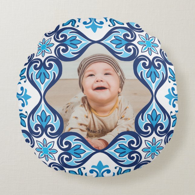 Egna bild, blå och vita Azulejos Rund Kudde (Framsidan)