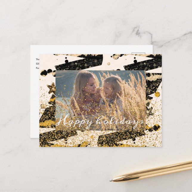 egna foton stilrena svarta julgranar i guld vykort (Fram/Back In Situ)