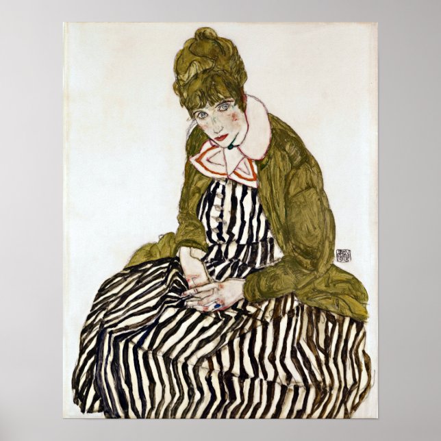 Egon Schiele Edith med stripe Dress, Sitta Poster (Framsidan)