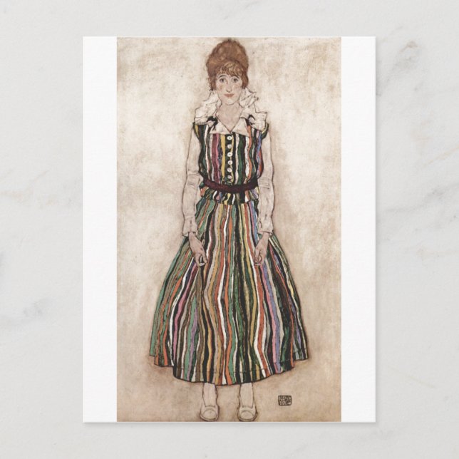Egon Schiele - Edith Schiele i Striped 1915 Vykort (Framsida)