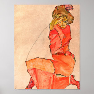Egon Schiele - knäfalla som är kvinnligt i orange Poster